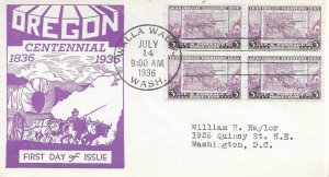 1936 FDC, #783, 3c Oregon Territory 100th, WSE/Dyer, block of 4 - Walla Walla #1