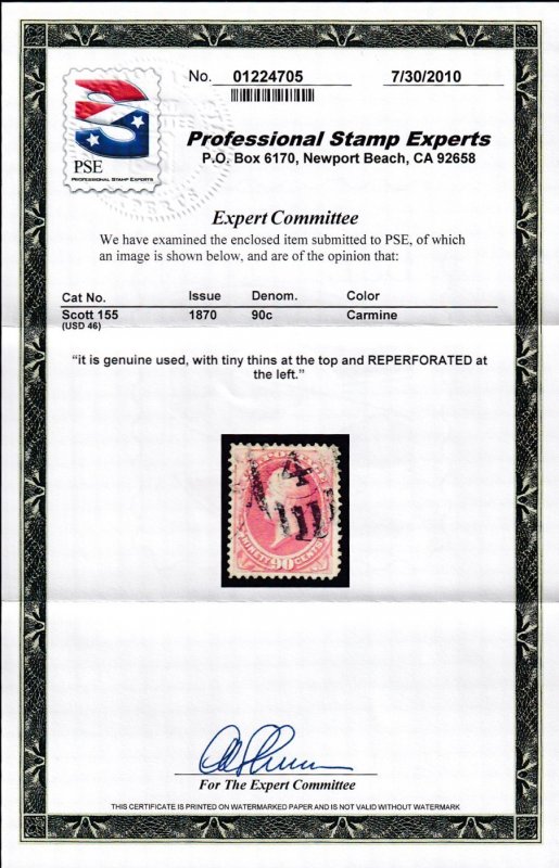 US #155 Used Single,  With Cert.