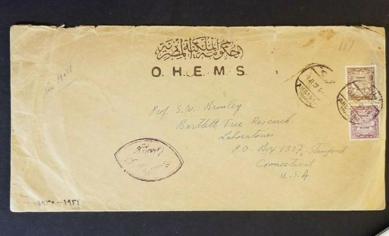 1938 Egypt to Stamford Connecticut USA Official OHEMS Parliament Air Mail Cover 