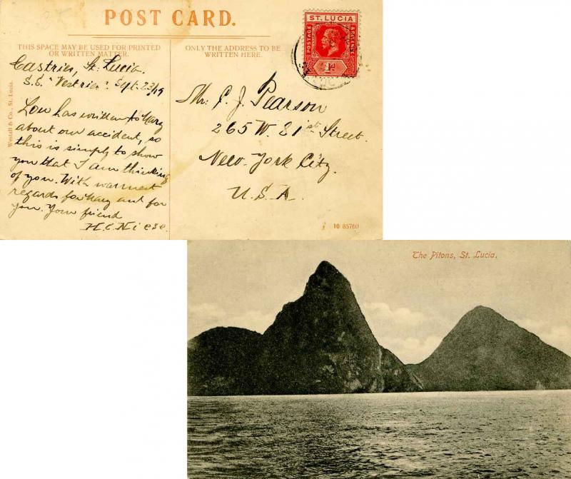 Saint Lucia 1d KGV 1919 Castries, St. Lucia PPC (The Pitons) to New York, N.Y.