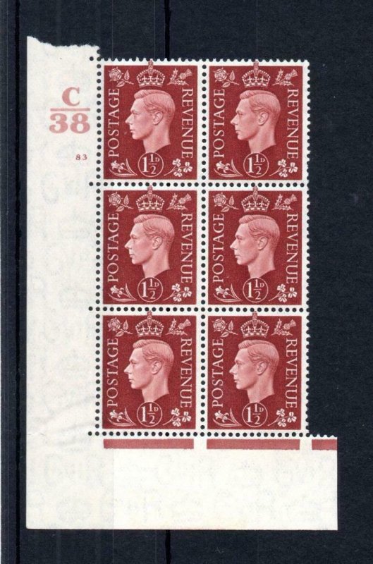 GEORGE VI 11/2d DARK BROWN MOUNTED MINT CONTROL C38 CYLINDER 83 BLOCK Cat £40