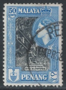 Malaya States - Penang 1957 Queen Elizabeth II & Aborigines 50c Scott # 52 Used