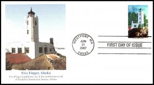 ED-754 OAS-CNY FIRST DAY 2007 PACIFIC LIGHTHOUSES SCOTT 4147 FIVE FINGER ALASKA