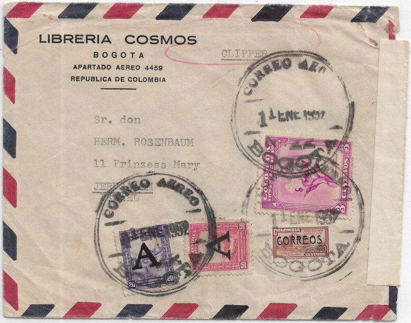 1952 Bogota, Colombia to Jerusalem, Israel Clipper Airmail, Censored (59810)