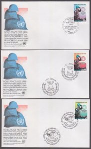 UNITED NATIONS Sc # 548 FDC SET of 3, UN PEACEKEEPING FORCES win NOBEL PRIZE