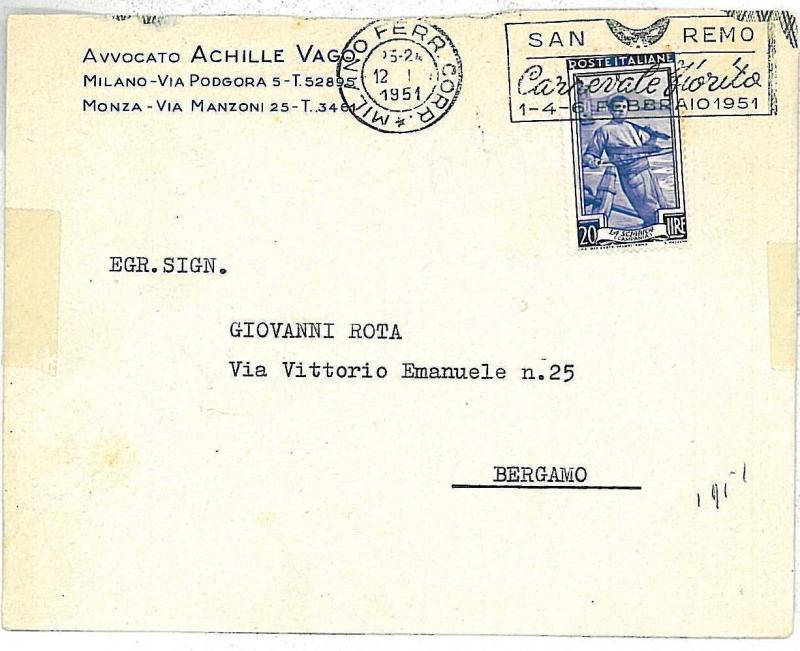 CARNIVAL : POSTAL HISTORY : postmark on COVER : ITALY 1951