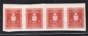 Croatia 1942 Coat of Arms Official 3k Strip of 4 IMPERF MNH #O6