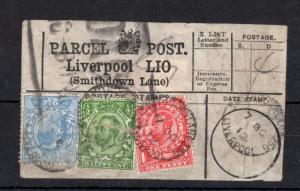 EDWARD VII 21/2d + GEORGE V 1/2d + 1d USED ON PARCEL POST LABEL