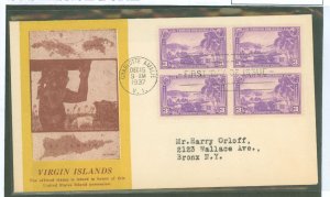 US 802 1937 3c Virgin Islands (part of the US Possession series) block of four/on an addressed (typed) FDC with an unknown cache