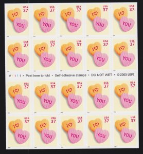 US 3833 37c 2003 Candy Hearts Mint Stamp Sheet Booklet NH