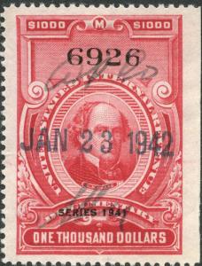 #R335 $1000 CARMINE XF-S XF USED 1941 SERIES WITH CUT CANCEL CV $200 BN6959