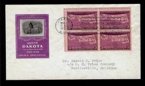 FIRST DAY COVER #858 3c South Dakota 50th Ann Block 4 IOOR CACHET Addr FDC 1939