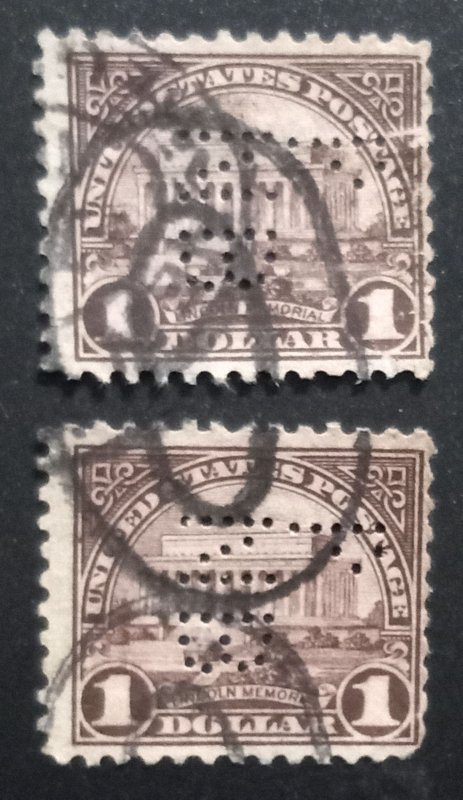 US #571 Used Perfin P NB $1.00 ×2 Stamp F-VF