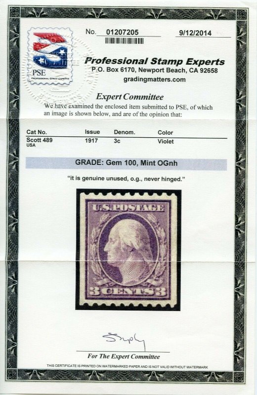 US SCOTT #489 MINT-GEM-OG-NH GRADED 100 W/ PSE CERT SMQ $375 (4/23/21 GP)