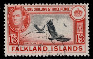 FALKLAND ISLANDS GVI SG159, 1s 3d black & carmine red, FINE USED.