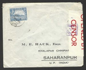 ADEN YEMEN 1942 WWII TO INDIA ADEN CENSORED COVER INDIAN CONTINGENT P.O.