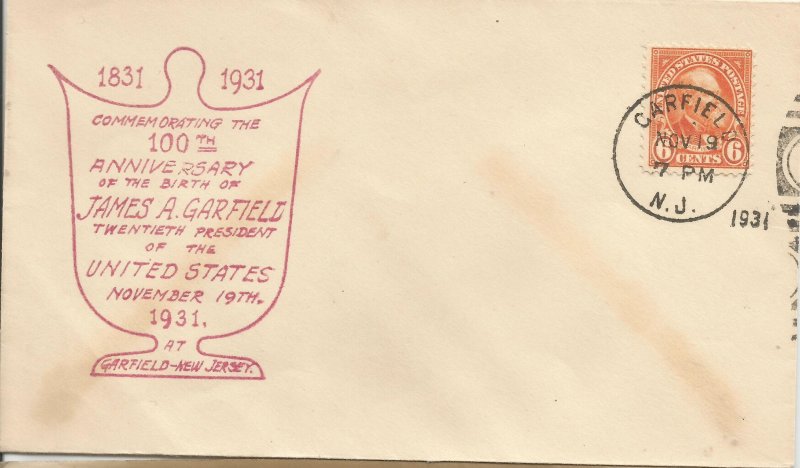 Garfield Anniver birth rubber stamp cachet Garfield, NJ 11-19-31 !#3