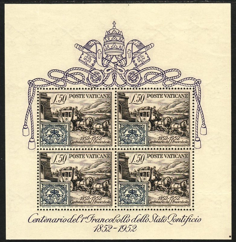 Sc# 155a Vatican 1952 Roman States Stamp & Stagecoach SS Souvenir Sheet MNH $160