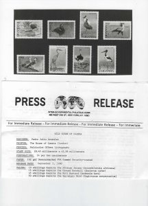 SCARCE UGANDA BIRDS (799-806) PUB PHOTO ESSAYS W NEWS RELEASE