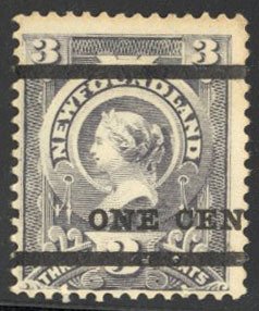 Newfoundland #75 Cat$85, 1897 1c on 3c gray lilac, lightly hinged, signed Cha...