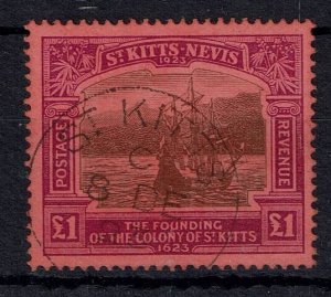 ST.KITTS-NEVIS SG60 1923 £1 BLACK & PURPLE ON RED USED MADAM JOSEPH CANCEL (d)