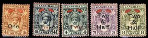 Zanzibar #94-98 (SG 205-209) Cat£60, 1904 Surcharges, set of five, heavy hin...