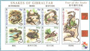 GIBRALTAR, SCOTT #864-70,  MNH SOUVENIR SHEET OF 7, 2001 SNAKES