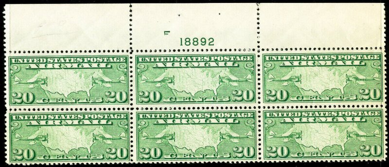 US Stamps # C9 MNH XF Top Plate Block of 6