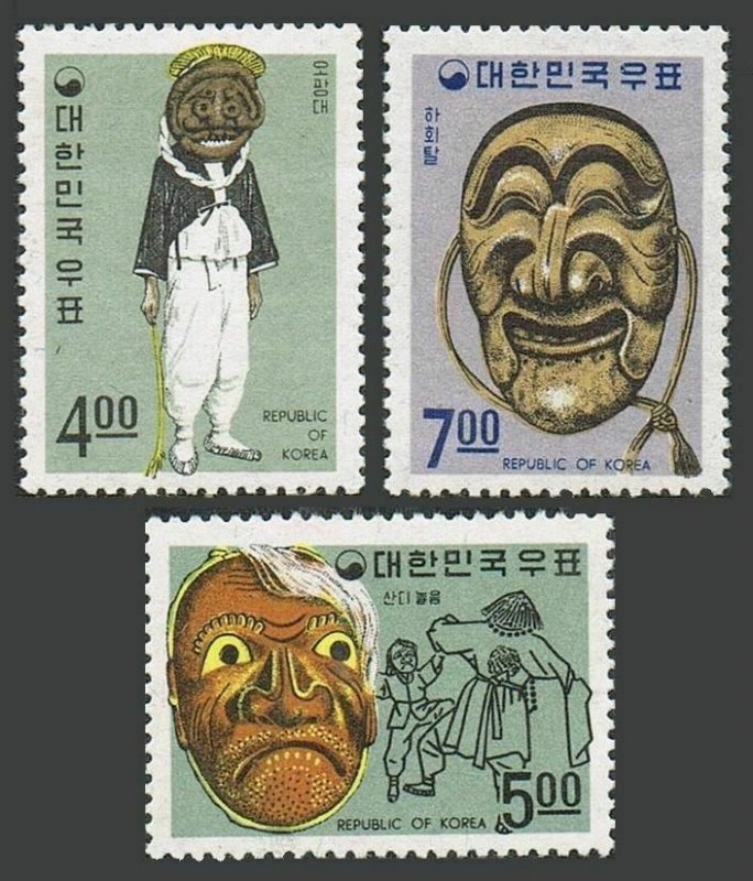 Korea South 552-554,hinged.Michel 573-575. Okwangdae clown,Mask & dance,1967.
