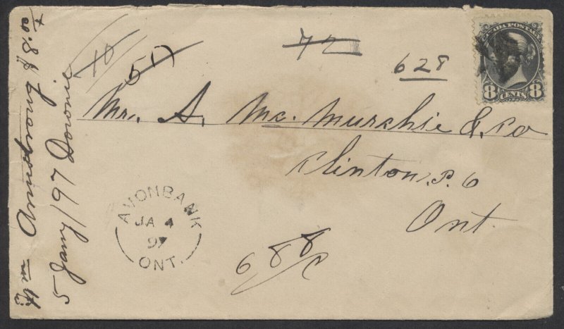 1897 Registered Cover #44 8c SQ Avonbank (Perth) ONT to Clinton 2 RPOs