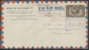 1931 Flight Cover Kitchener ONT to Winnipeg via Chicago #C2 AAMC #3105j