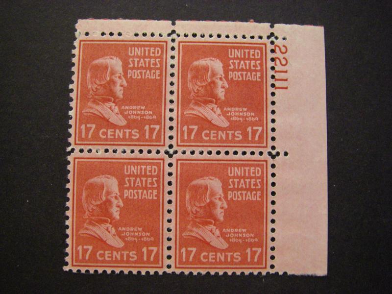 Scott 822, 17c Andrew Johnson, PB4 #22111 UR, MNH Prexie Beauty