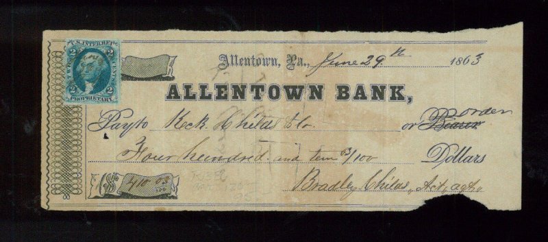 1863 Allentown Pennsylvania Bank Check Featuring US Revenue Stamp #R13b