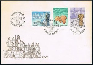 Finland-Aland 11,15,22, FDC. Mi 16-18. Artifacts 1986. Burial site,Bronze Staff.