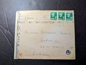 1944 Censored Norway Cover Oslo to Auboune Neuchatel Switzerland