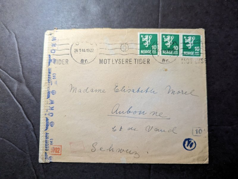 1944 Censored Norway Cover Oslo to Auboune Neuchatel Switzerland