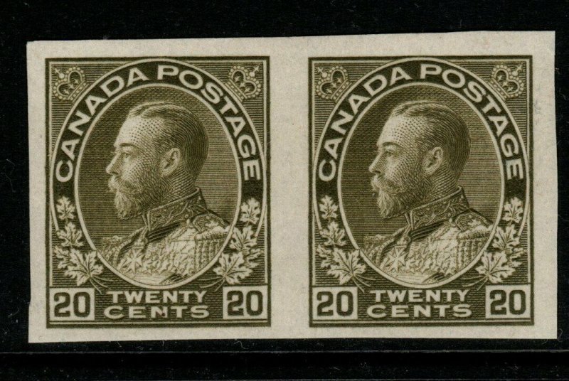 CANADA SG213var 1911 20c OLIVE-GREEN IMPERFORATE PAIR MTD MINT