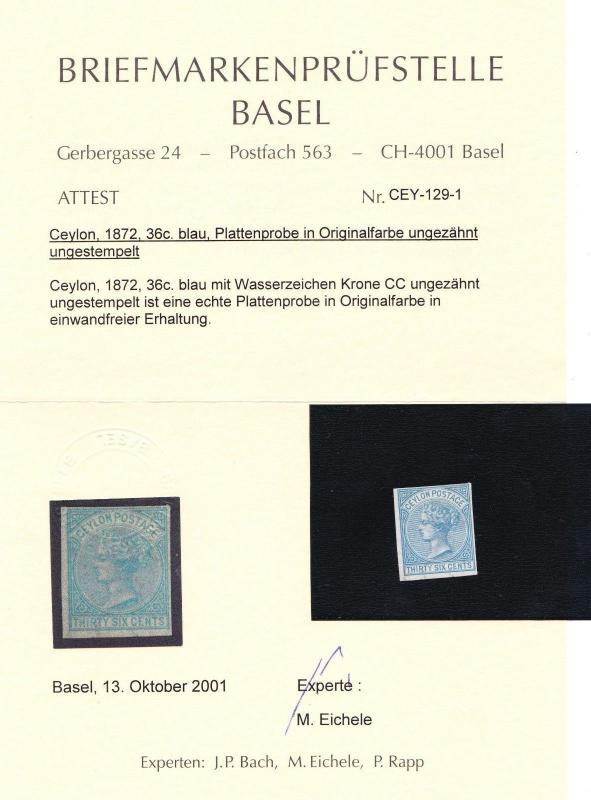 CEYLON 1872 QV SG#129 36 CENTS BLUE IMPERF. CLEAN OG CERTIFICATE 2001. RARE 