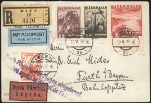 Austria 1936 Vienna Flight Flugpost Airmail Cover Fuerth Bavaria 1S Expre 110616