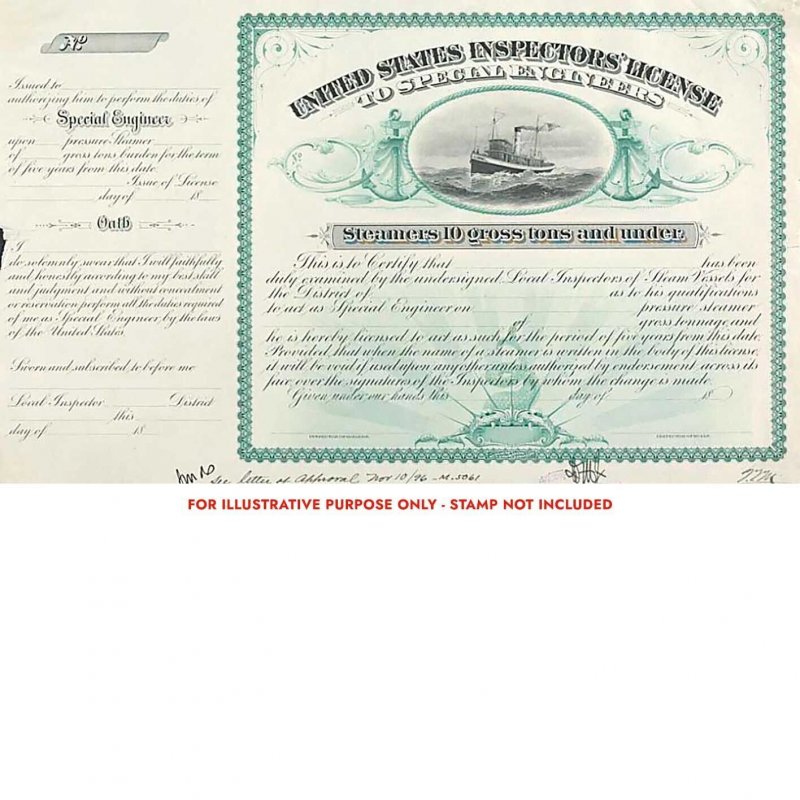 Tugboat Vignette Proof, BEP 1896 Special Engineer Inspector’s License Steamers