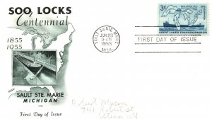 SCOTT 1069 SOO LOCKS ON EARLY FLEETWOOD CACHET FDC PENCIL ADDRESSED 1955