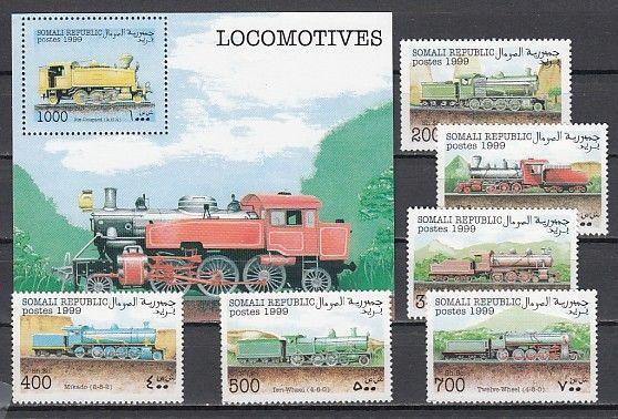 Somali Rep., 1999 Cinderella issue. Locomotives set & s/sheet.