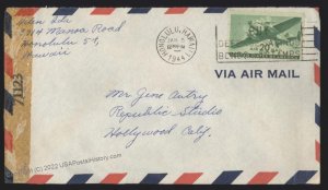 Hawaii USA 1944 WWII Censor Territorial Airmail DC10 20c Cover 109165