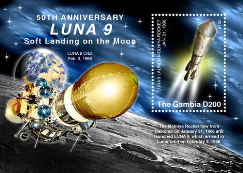 Gambia 2016 - Luna 9 Landing on Moon - Souvenir Stamp Sheet - Scott #3719 - MNH