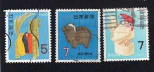 Japan 1965-68 Group of 3 Figurines, Scott 858, 903, 978 used, value = 75c