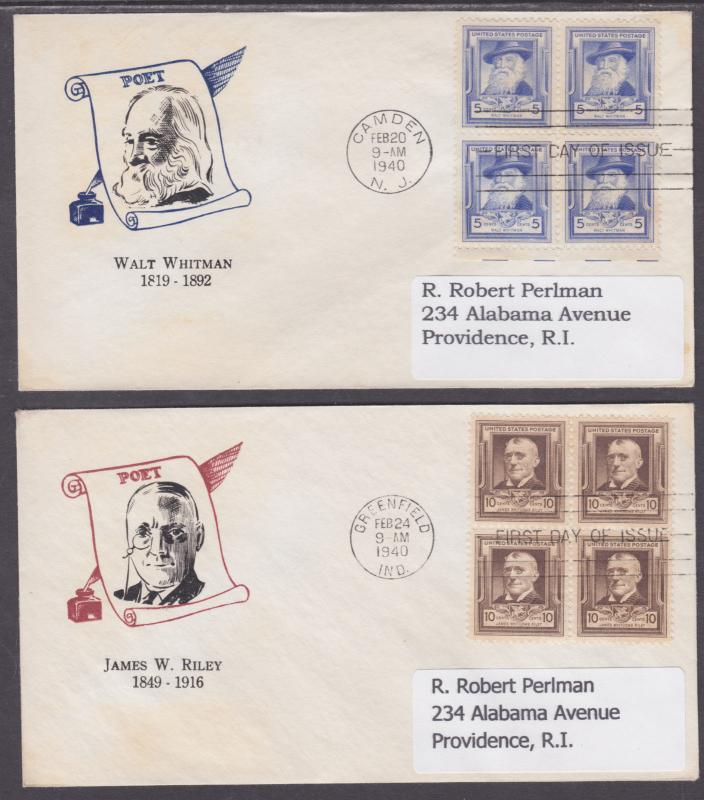 US Sc 864-868 FDCs. 1940 Famous American Poets, Blocks cplt on matched FDCs