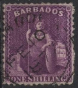 Barbados 49 (used, pencil mark) 1sh Britannia, purple (1875)