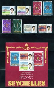 Seychelles 380-87a MLH, QEII Silver Jubilee Set with Souvenir Sheet from 1977.