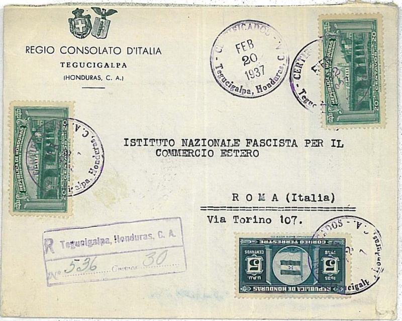 HONDURAS -  POSTAL HISTORY - REGISTERED  COVER to ITALY 1937