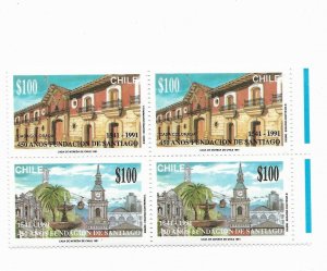 CHILE YEAR 1991 FOUNDATION OF SANTIAGO BLOCK OF FOUR VALUES CORNER MNH